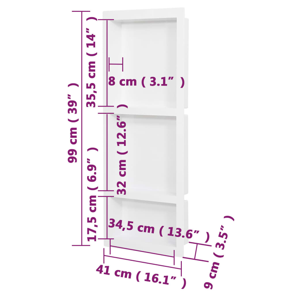 bruseniche med 3 rum 41x99x9 cm mat hvid