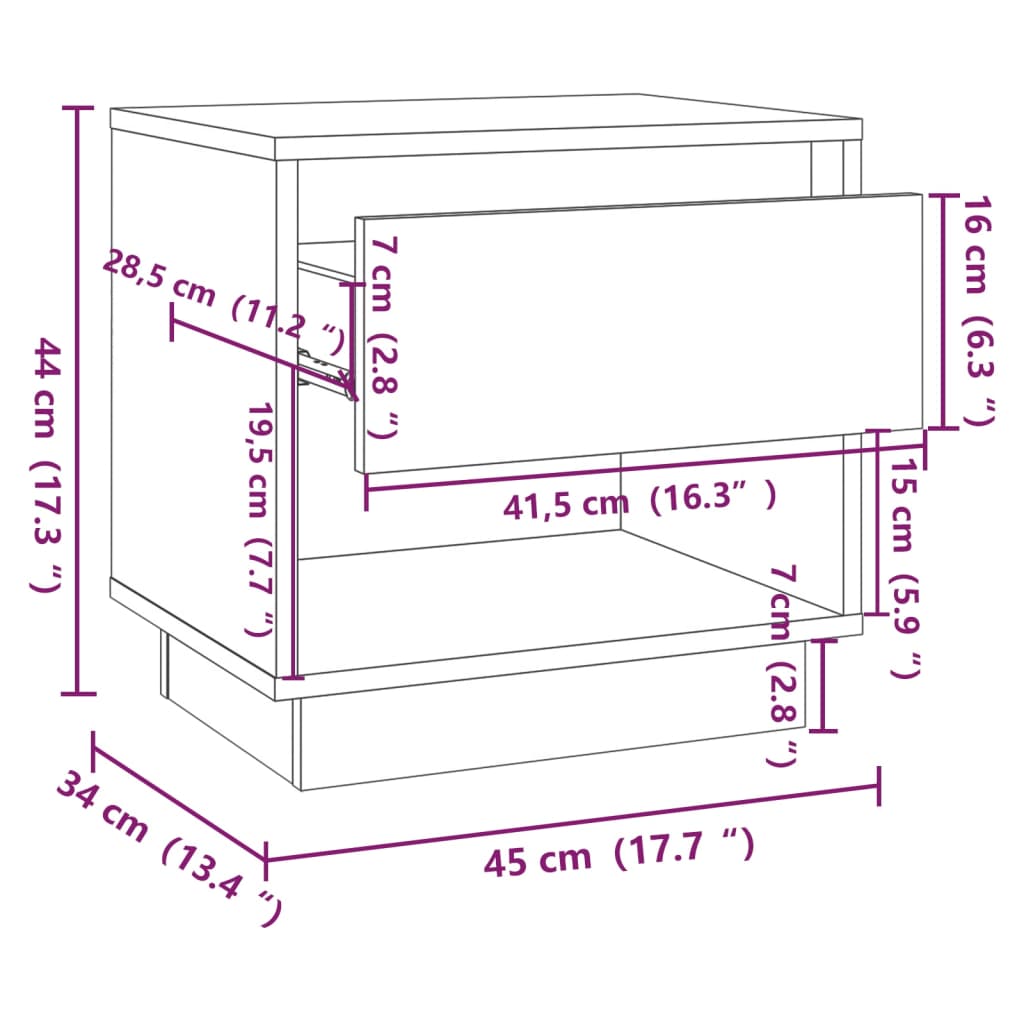 sengebord 45x34x44 cm konstrueret træ hvid