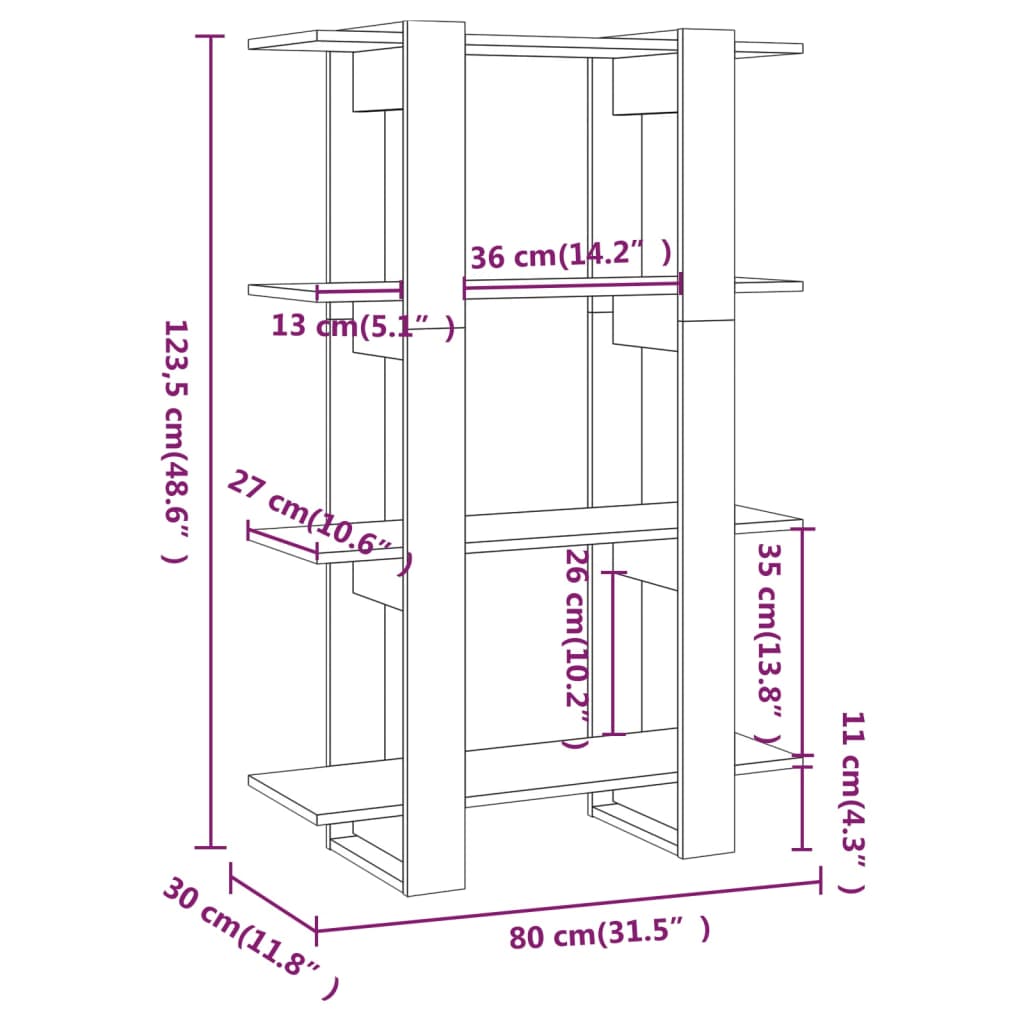 bogreol/rumdeler 80x30x123,5 cm sort