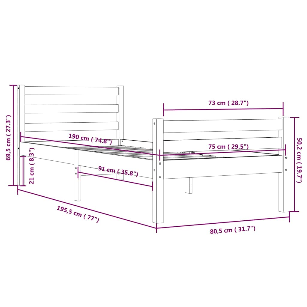 sengeramme 75x190 cm Small Single massivt træ gyldenbrun