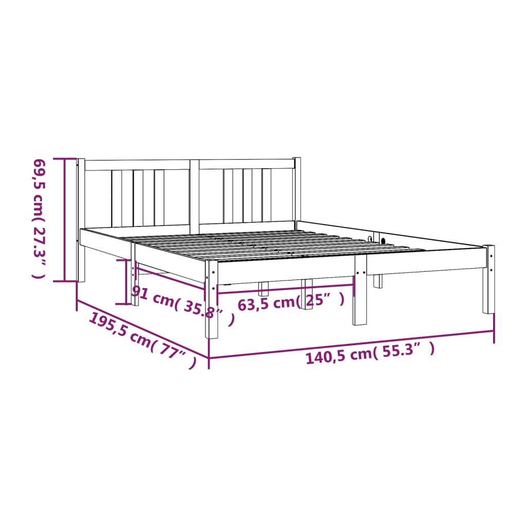 sengeramme 135x190 cm Double massivt fyrretræ grå