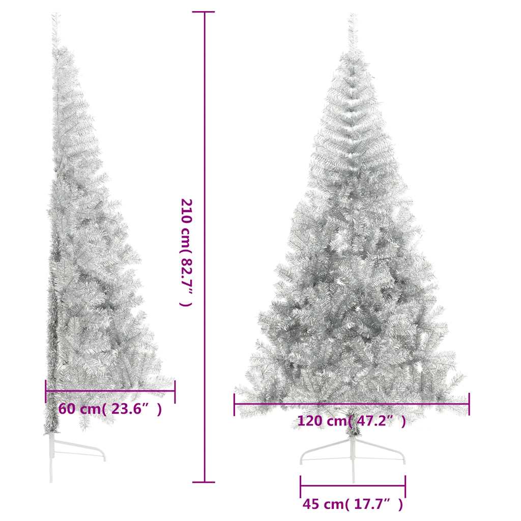 kunstigt halvt juletræ med juletræsfod 210 cm PET sølvfarvet