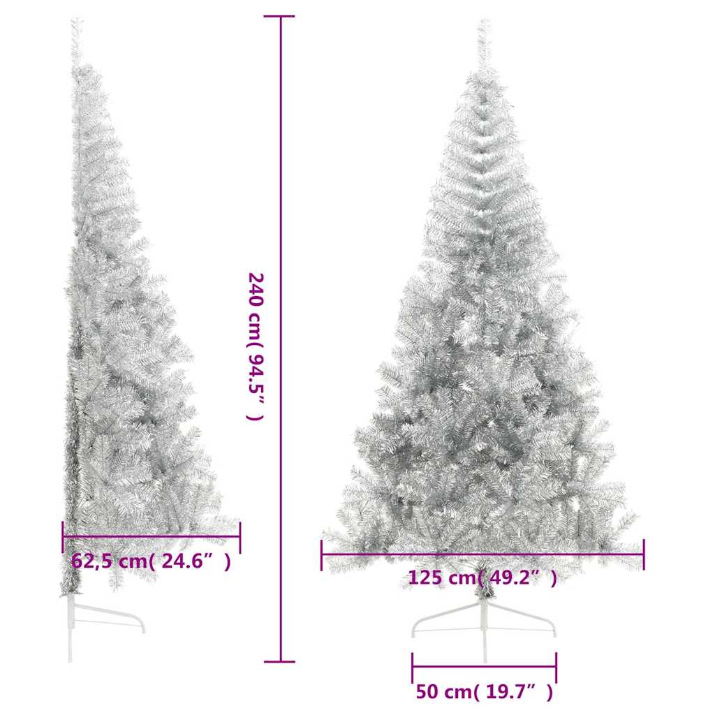 kunstigt halvt juletræ med juletræsfod 240 cm PET sølvfarvet