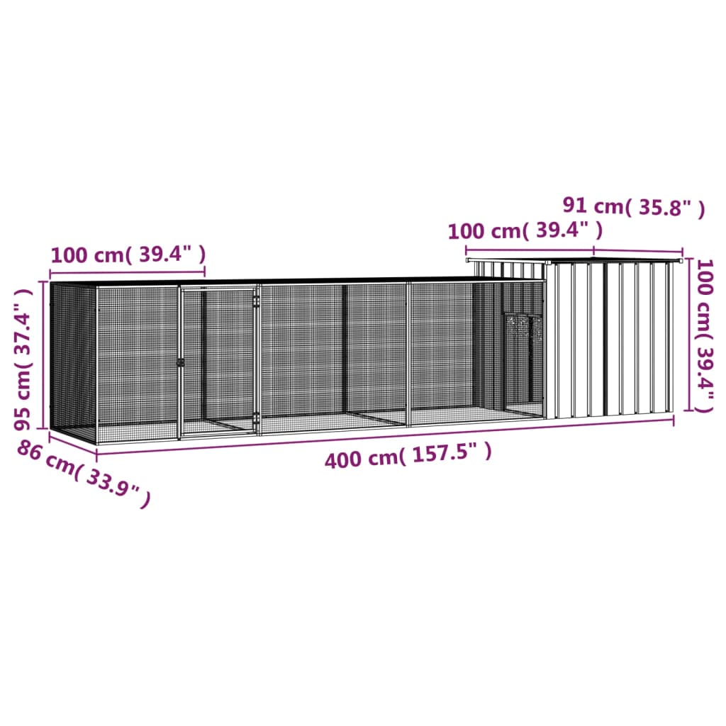 hønsehus 400x91x100 cm galvaniseret stål grå