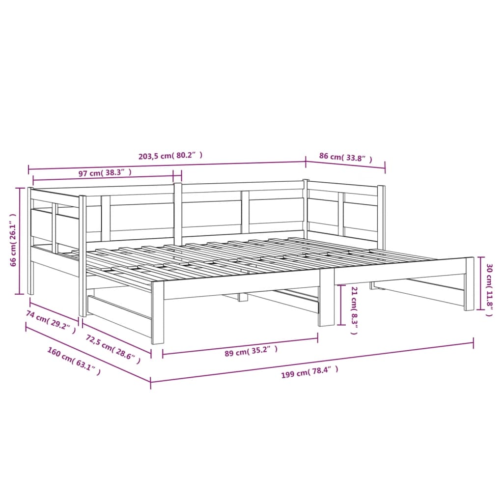 daybed med udtræk 2x(80x200) cm massivt fyrretræ sort