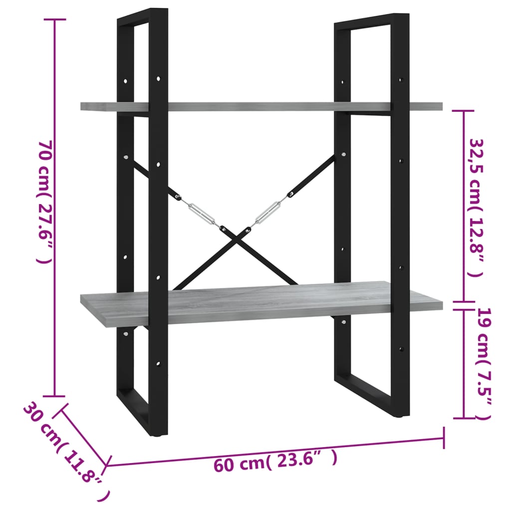 bogreol m. 2 hylder 60x30x70 cm konstrueret træ grå sonoma