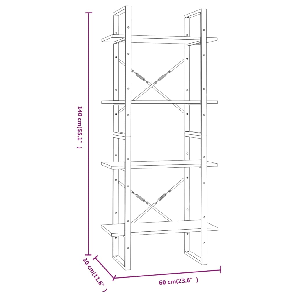 bogreol m. 4 hylder 60x30x140 cm konstrueret træ grå sonoma