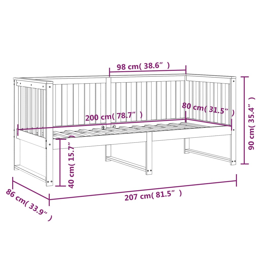 daybed uden madras 80x200 cm massivt fyrretræ hvid