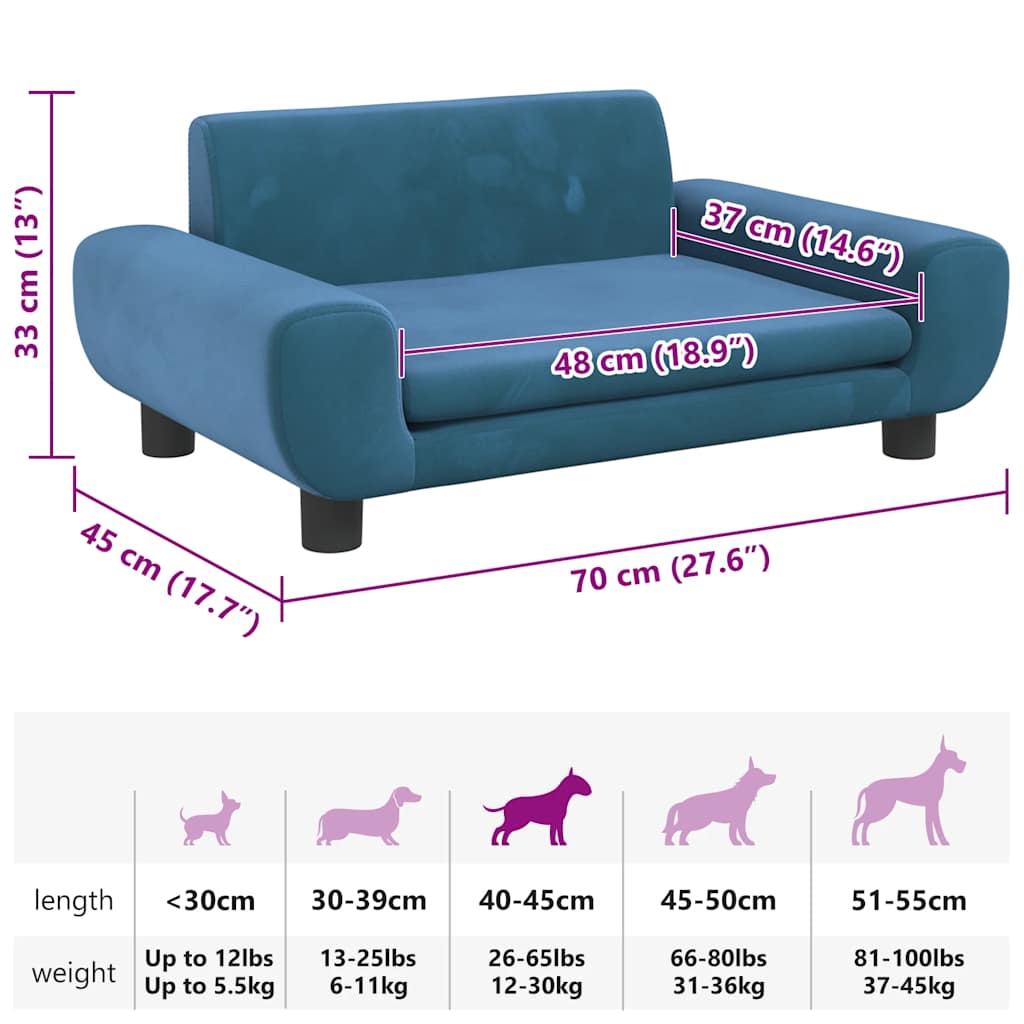 hundeseng 70x45x33 cm velour blå