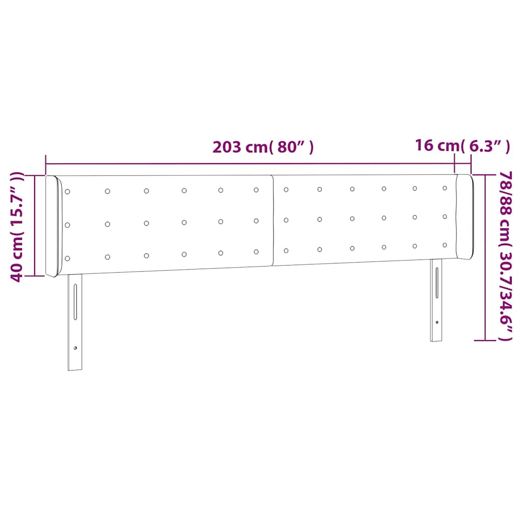sengegavl med LED-lys 203x16x78/88 cm fløjl mørkeblå