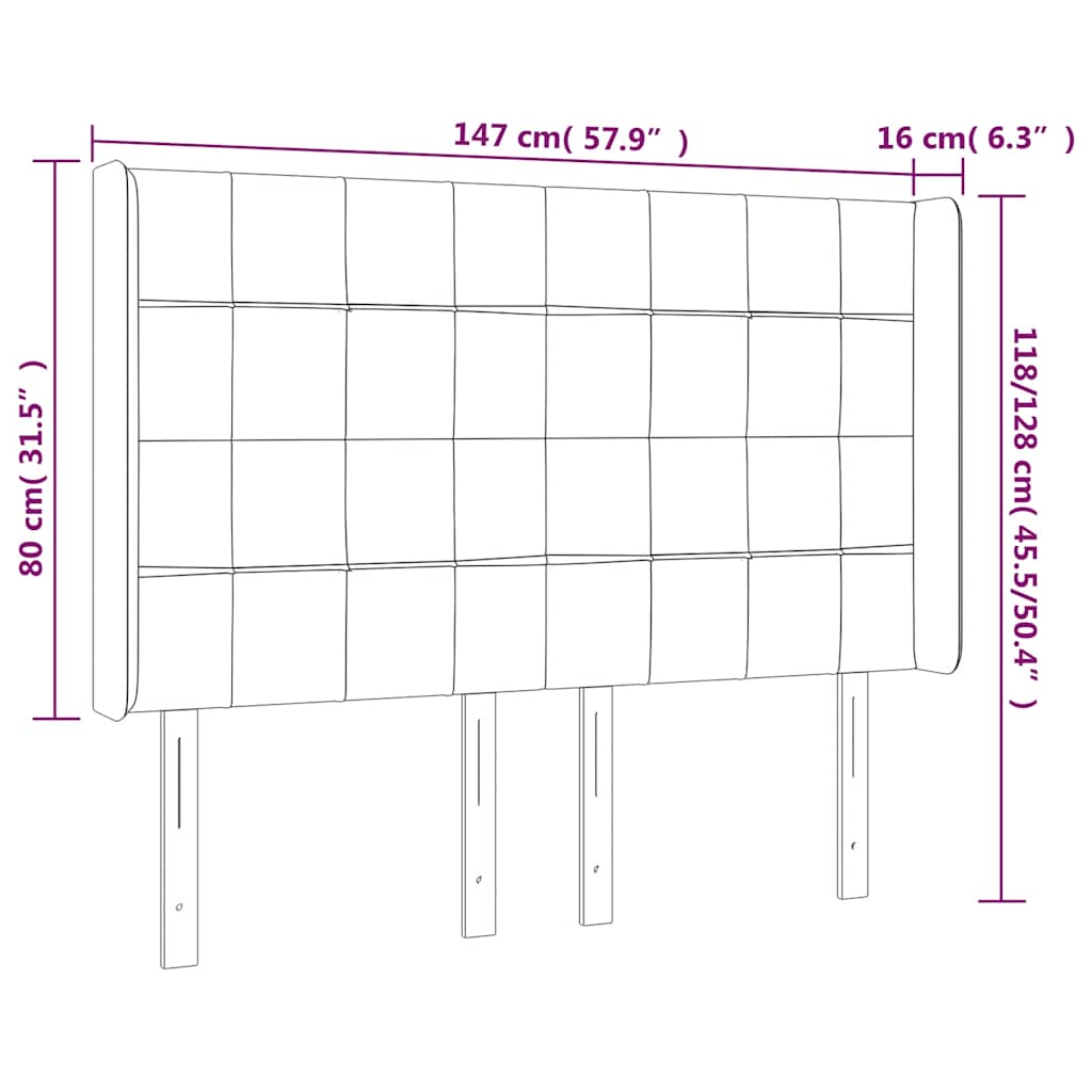 sengegavl med LED-lys 147x16x118/128 cm fløjl mørkeblå