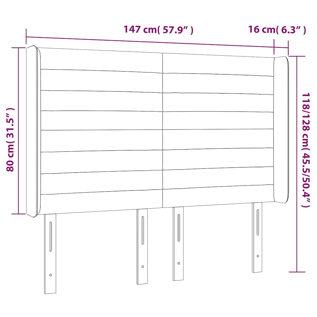 sengegavl med LED-lys 147x16x118/128 cm fløjl mørkeblå
