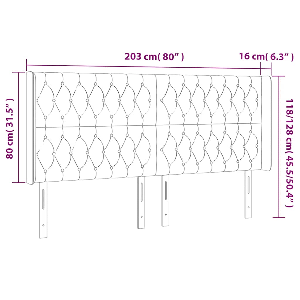 sengegavl med LED-lys 203x16x118/128 cm fløjl mørkegrøn