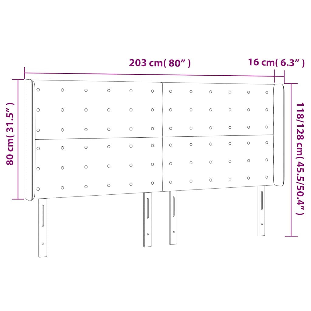 sengegavl med LED-lys 203x16x118/128 cm fløjl mørkeblå