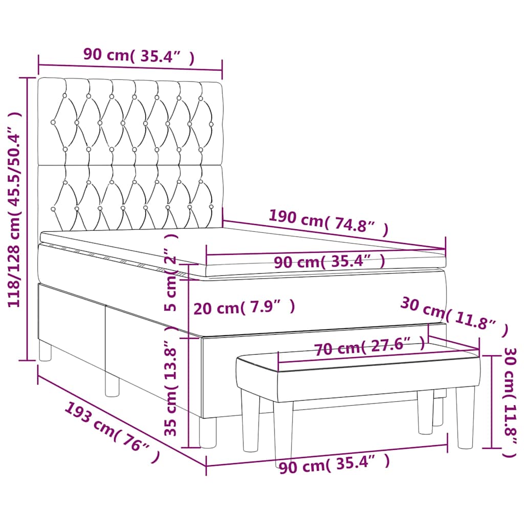 kontinentalseng med madras 90x190 cm fløjl mørkeblå