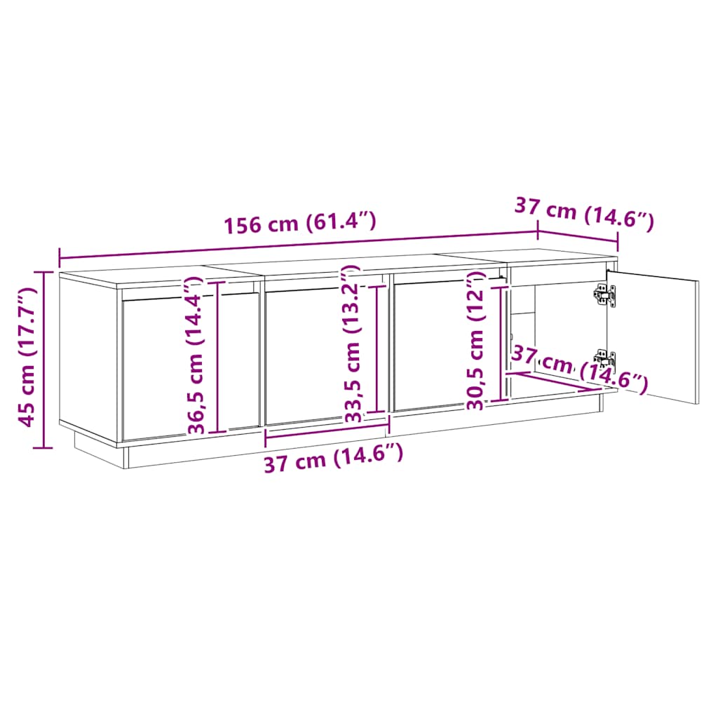 tv-bord 156x37x45 cm massivt fyrretræ hvid
