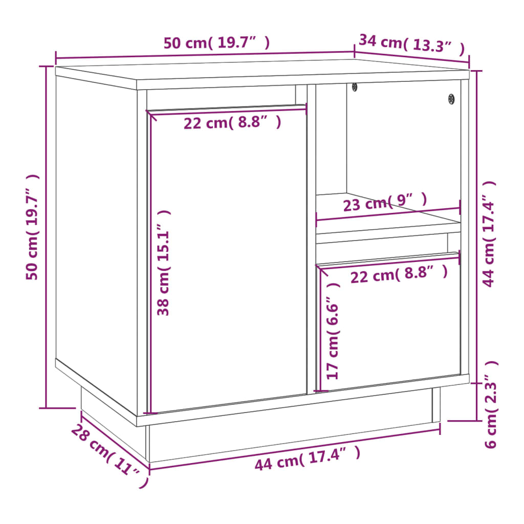 sengebord 50x34x50 cm massivt fyrretræ