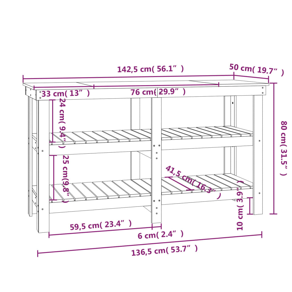 Arbejdsbænk med hylde Hvid 142,5 x 50 x 80 cm Massivt fyrretræ