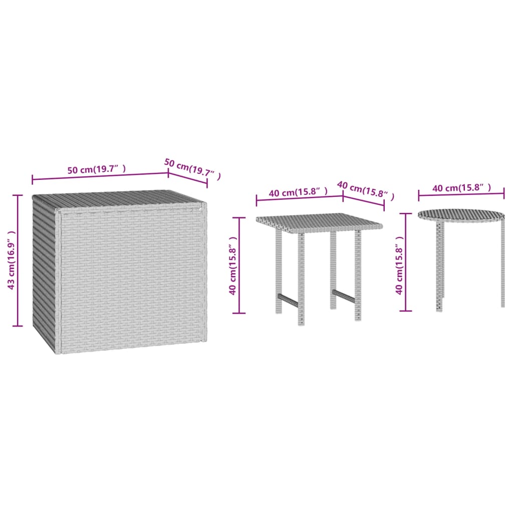 sideborde 3 stk. polyrattan brun