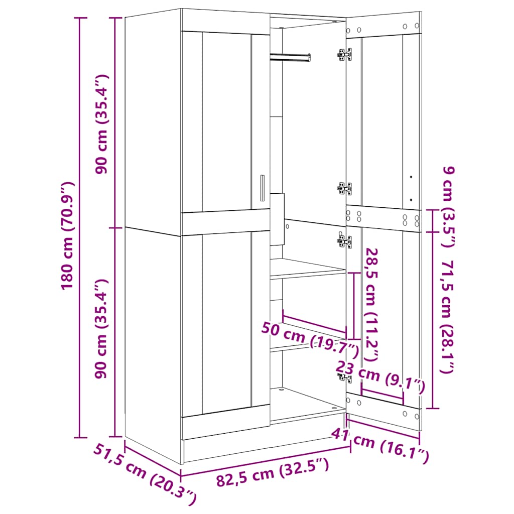klædeskab 82,5x51,5x180 cm konstrueret træ røget egetræsfarve
