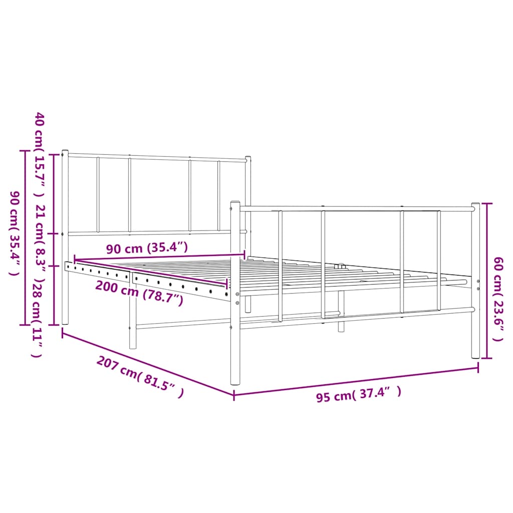 sengeramme med sengegavl og fodgærde 90x200 cm metal hvid