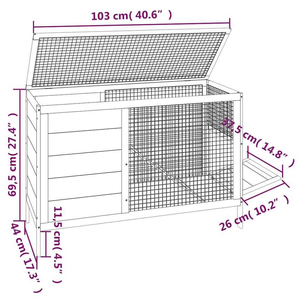 kaninbur 103x44x69,5 cm massivt fyrretræ grå