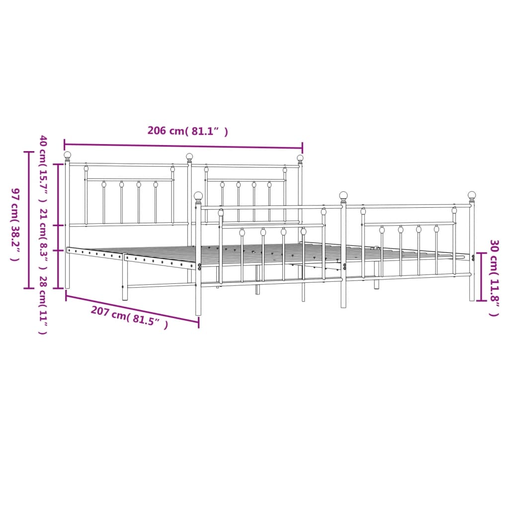 sengeramme med sengegavl og fodgærde 200x200 cm metal sort