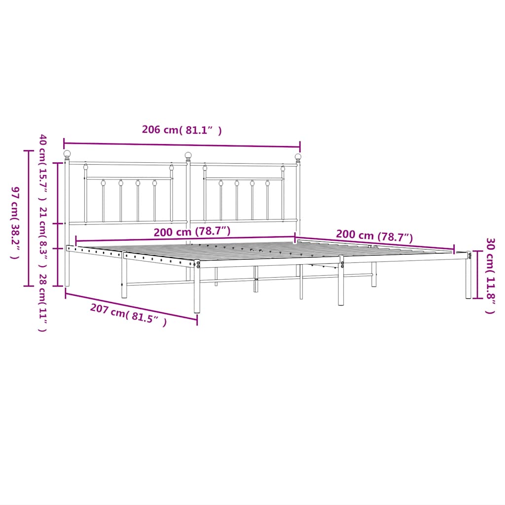 sengeramme med sengegavl 200x200 cm metal hvid