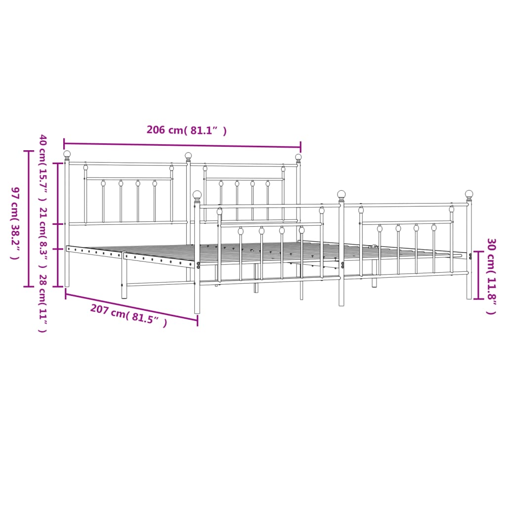 sengeramme med sengegavl og fodgærde 200x200 cm metal hvid