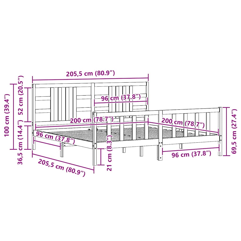 sengeramme med sengegavl 200x200 cm massivt træ sort