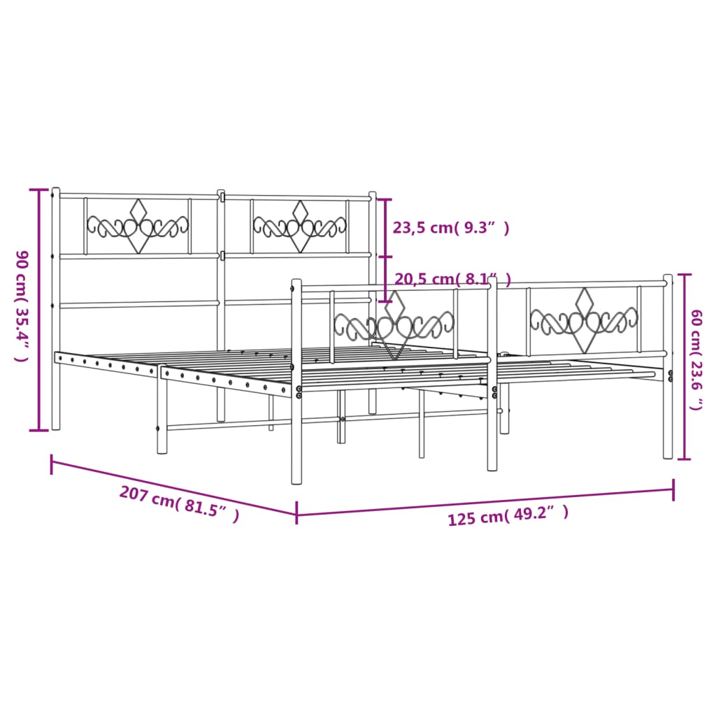 sengeramme med sengegavl og fodgærde 120x200 cm metal sort