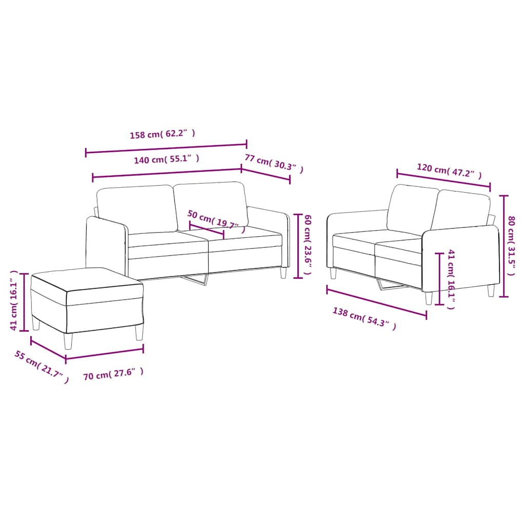 sofasæt 3 dele velour brun