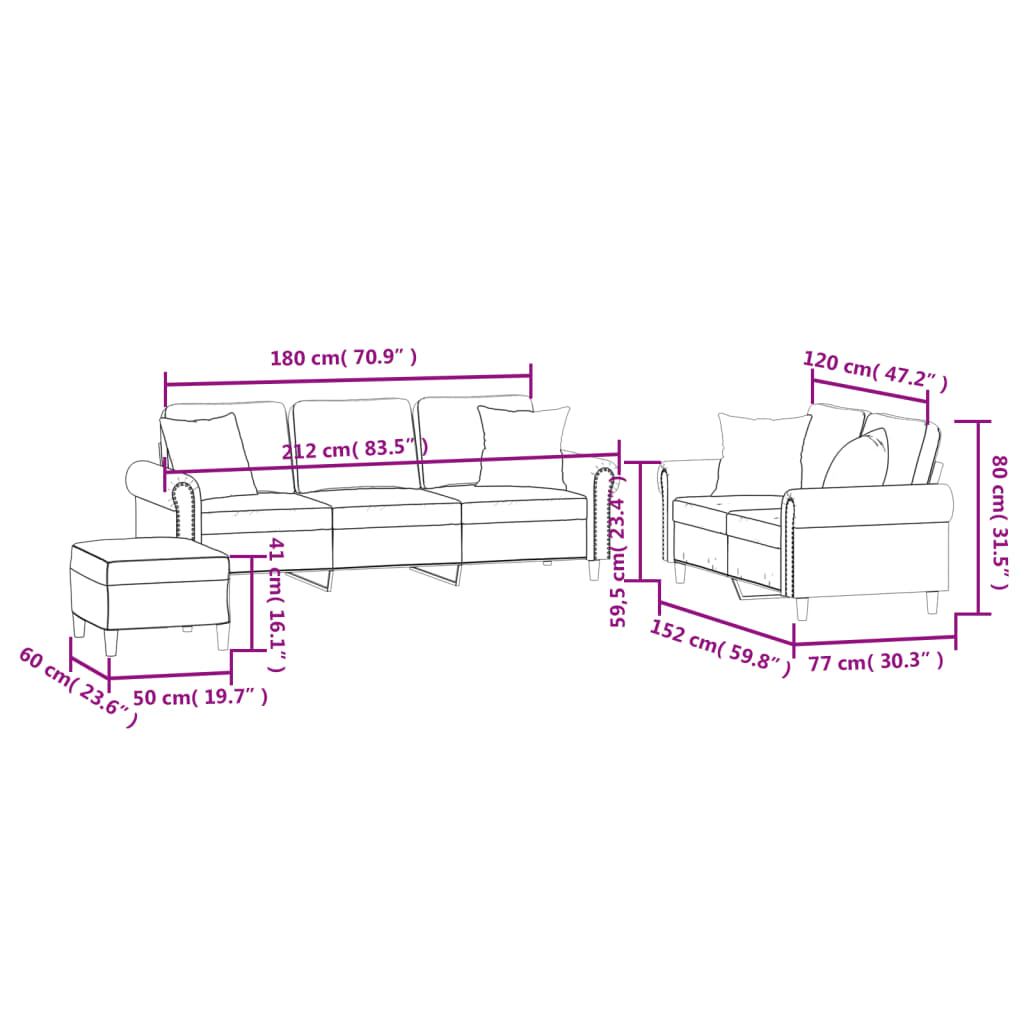 sofasæt 3 dele med puder velour cremefarvet