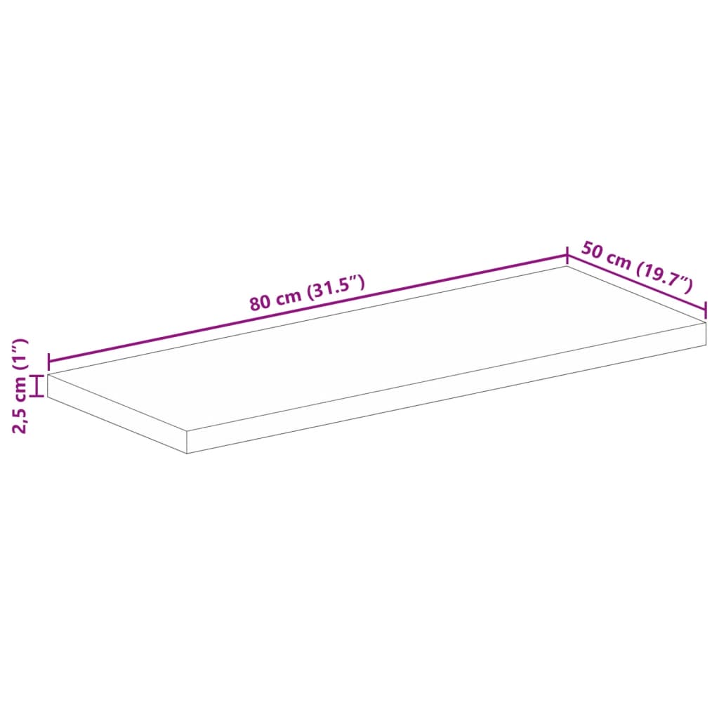 bordplade 80x50x2,5 cm rektangulær massivt ru mangotræ