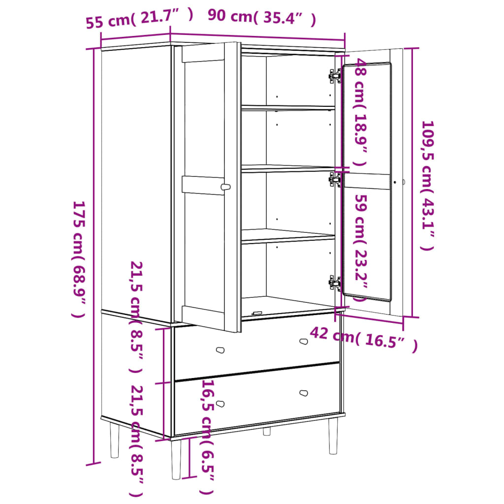 klædeskab SENJA 90x55x175 cm rattan-look massivt fyrretræ sort