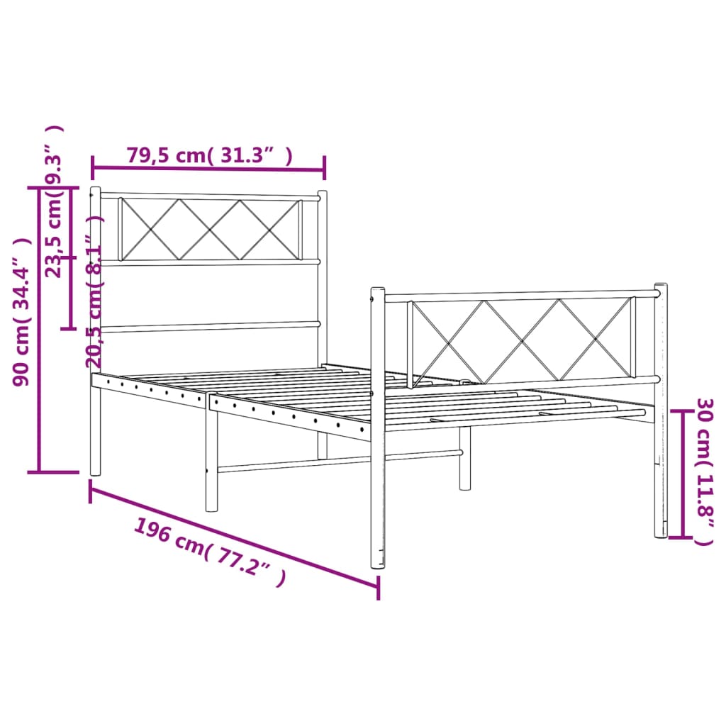 sengeramme med sengegavl og fodgærde 75x190 cm metal sort