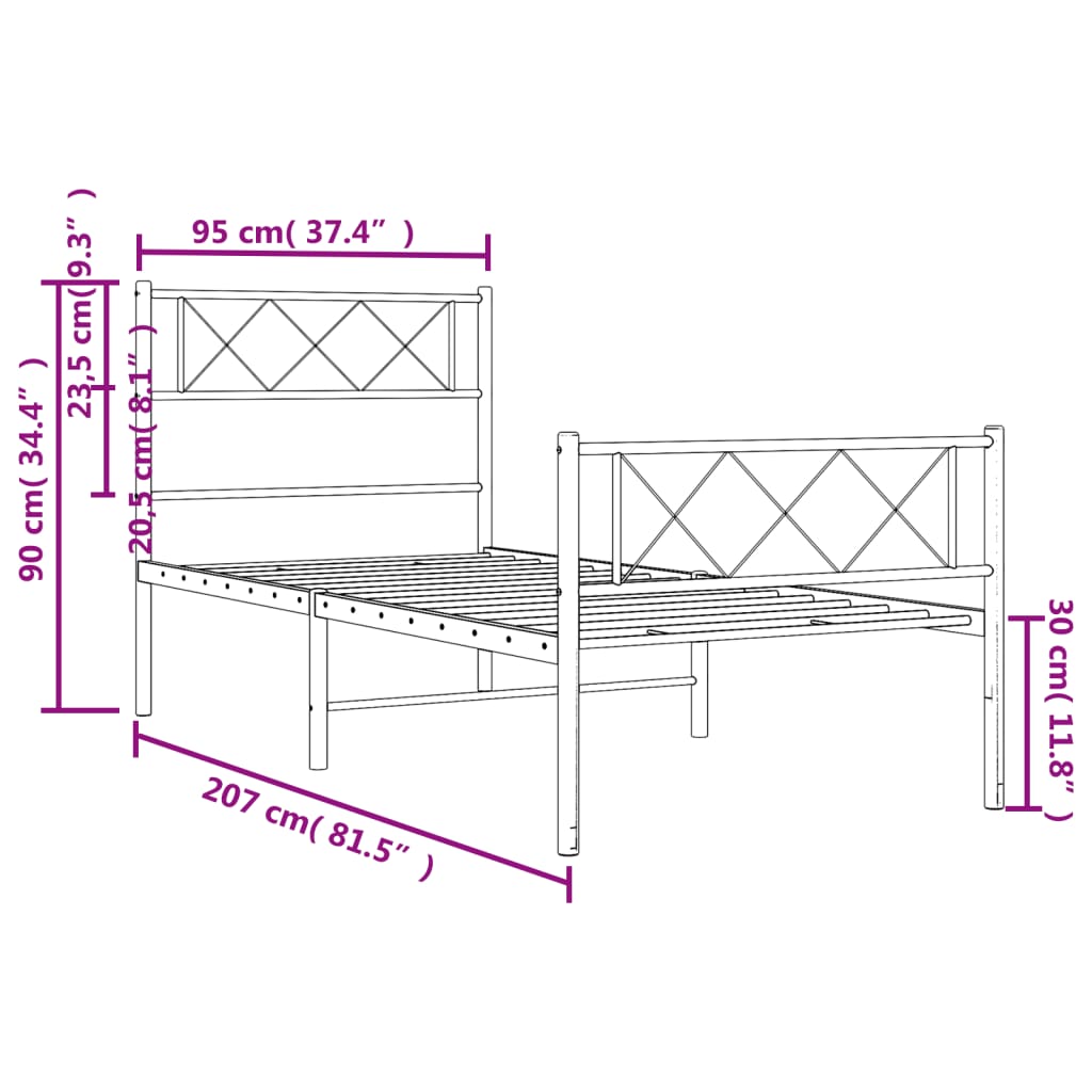 sengeramme med sengegavl og fodgærde 90x200 cm metal sort