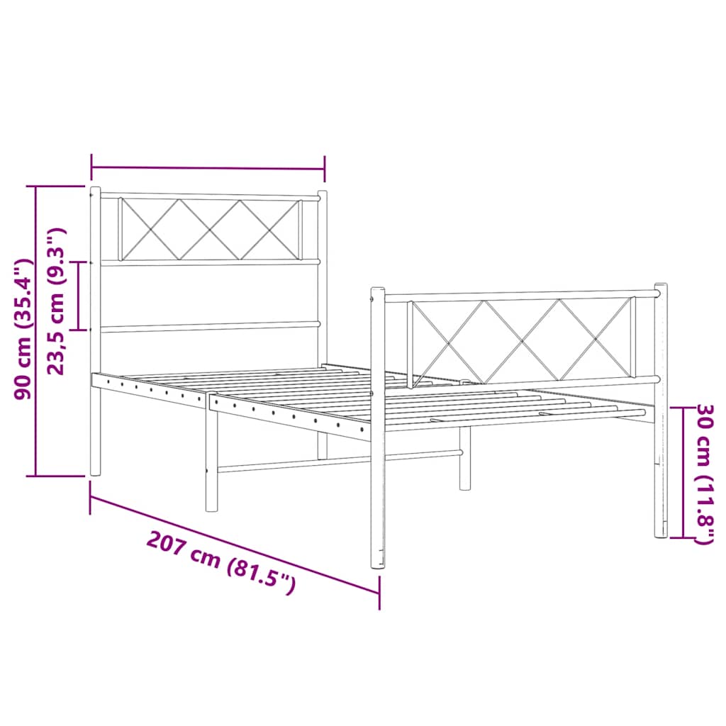 sengeramme med sengegavl og fodgærde 100x200 cm metal hvid