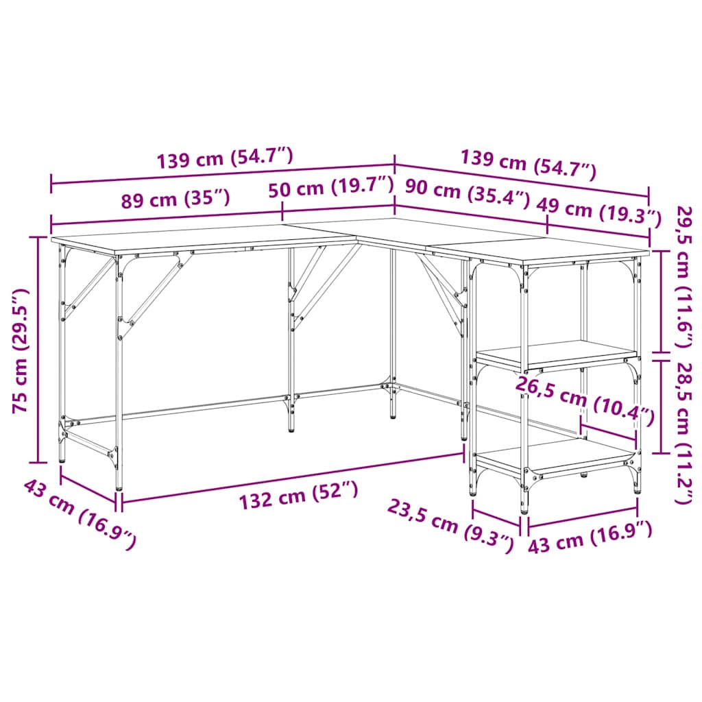 skrivebord 139x139x75 cm konstrueret træ sort