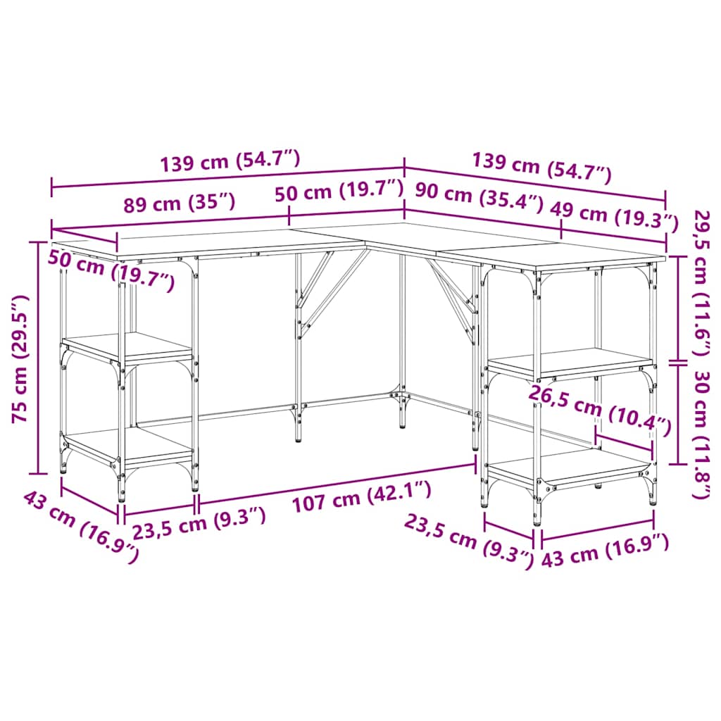 skrivebord 139x139x75 cm konstrueret træ grå sonoma-eg