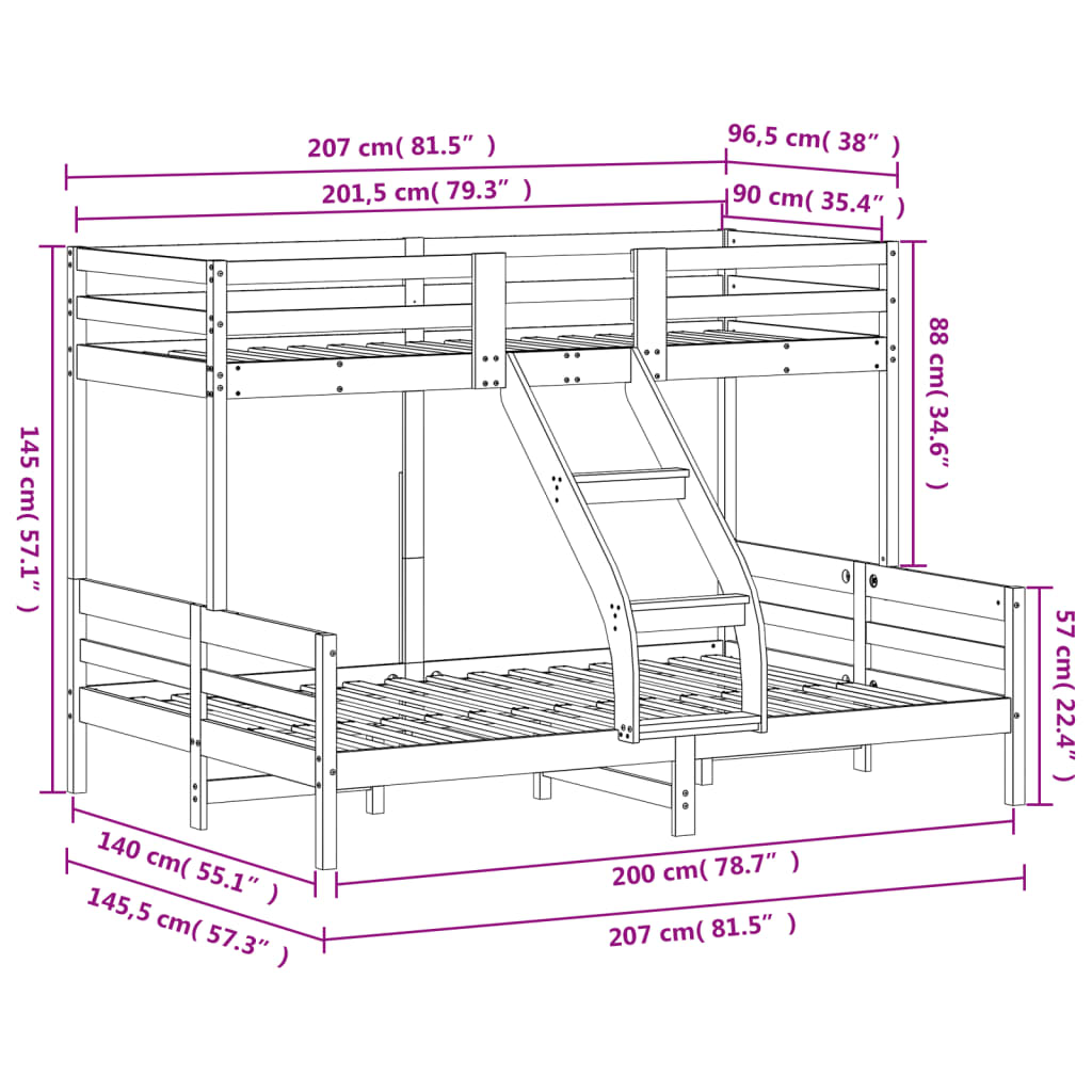køjeseng 90x200/140x200 cm massivt fyrretræ hvid