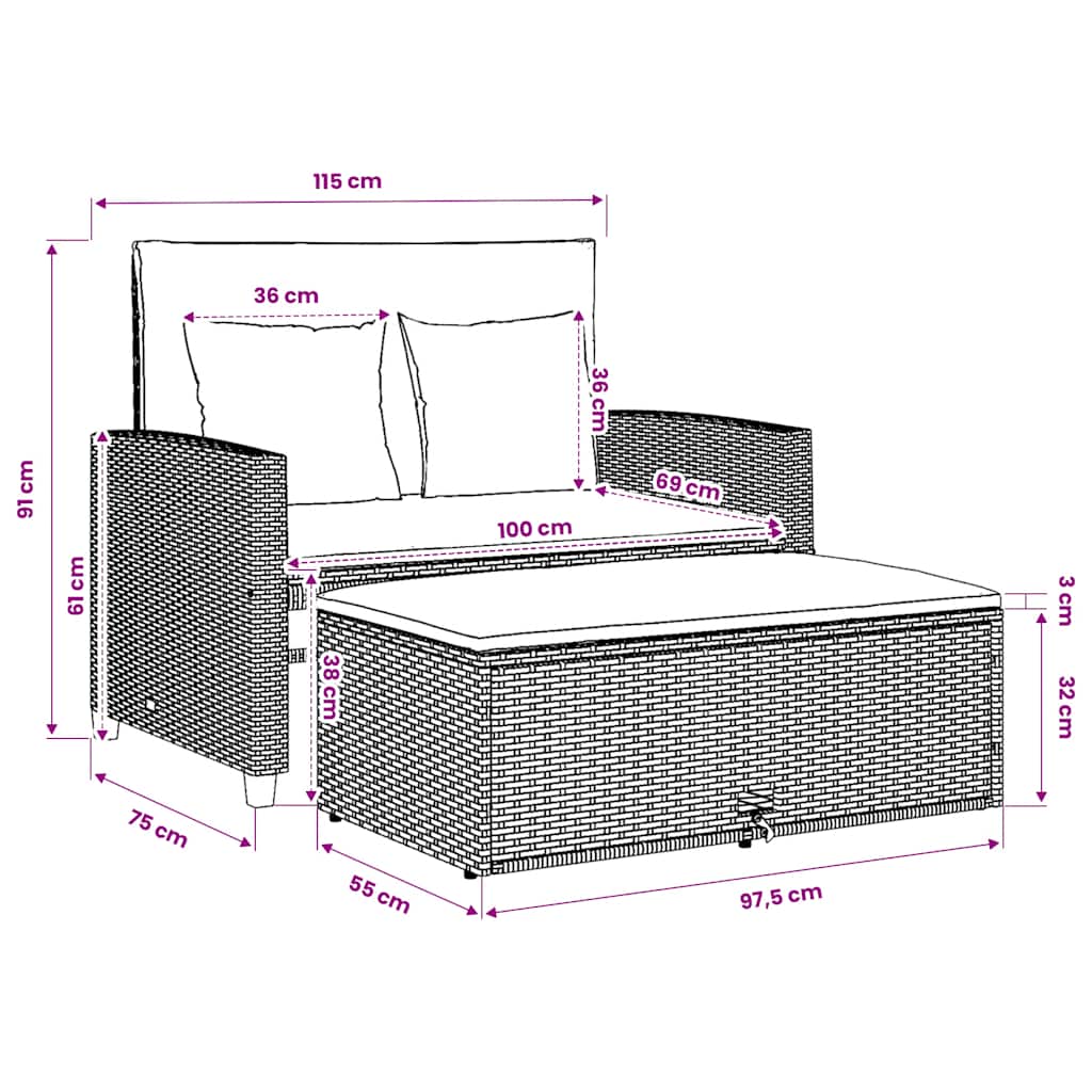 2-personers havesofa med hynder polyrattan brun