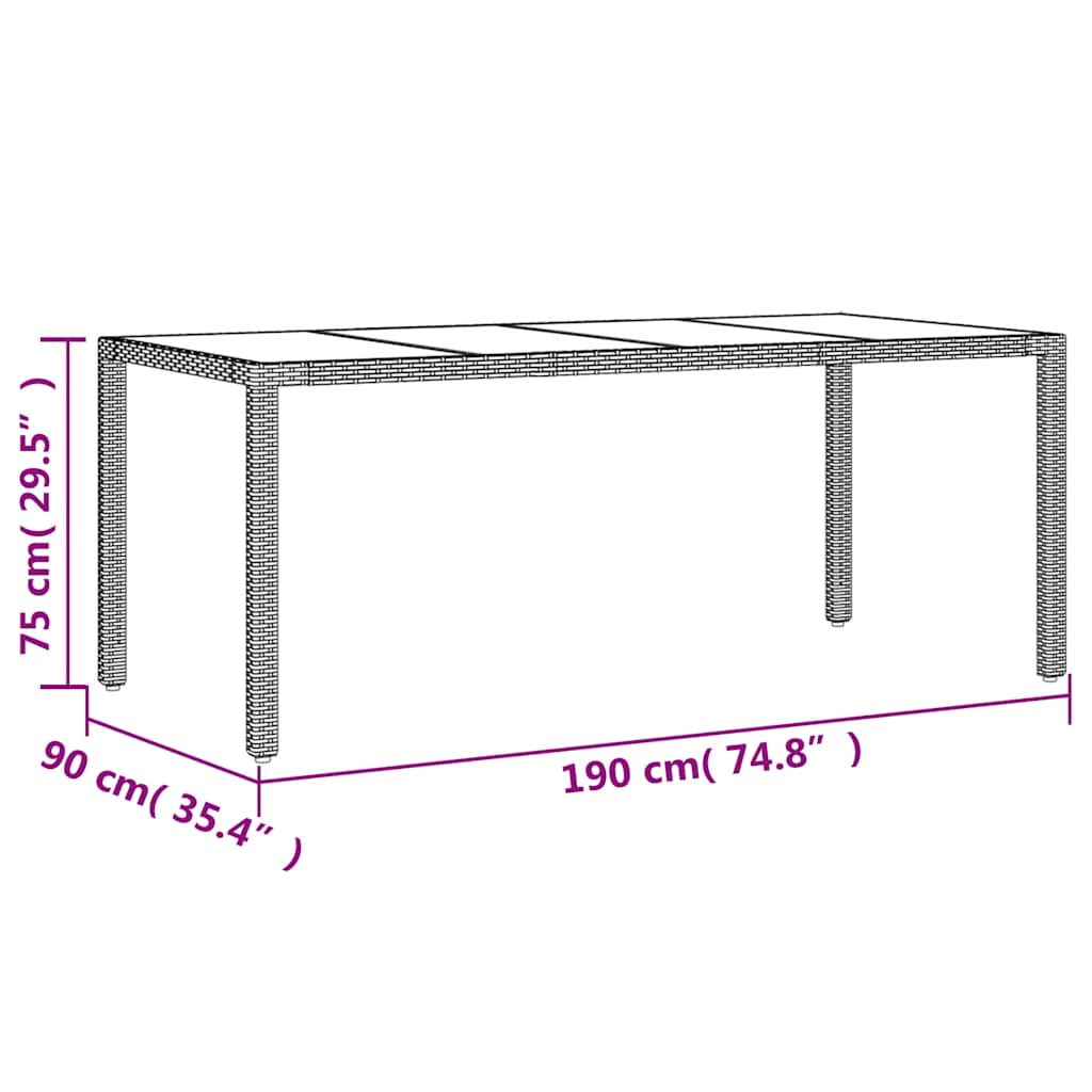 havebord med glastop 190x90x75 cm polyrattan brun