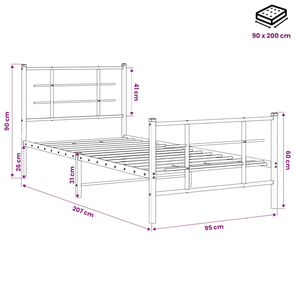 sengeramme med sengegavl og fodgærde 90x200 cm metal sort