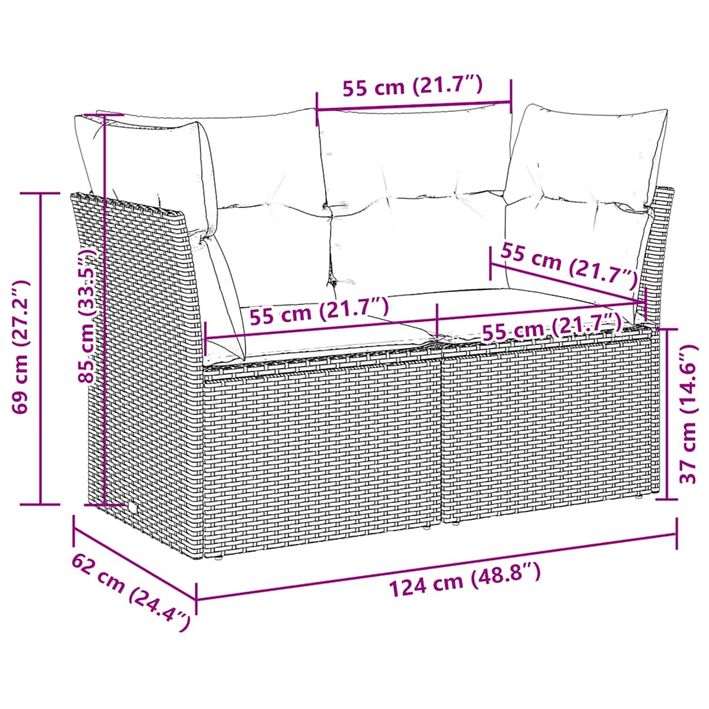 2-personers havesofa med hynder polyrattan lysegrå