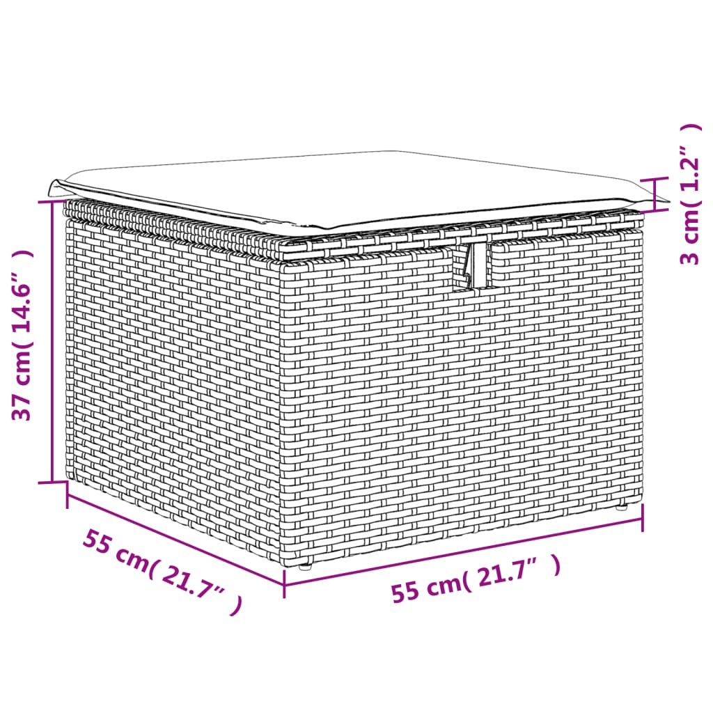 haveskammel med hynde 55x55x37 cm polyrattan lysegrå