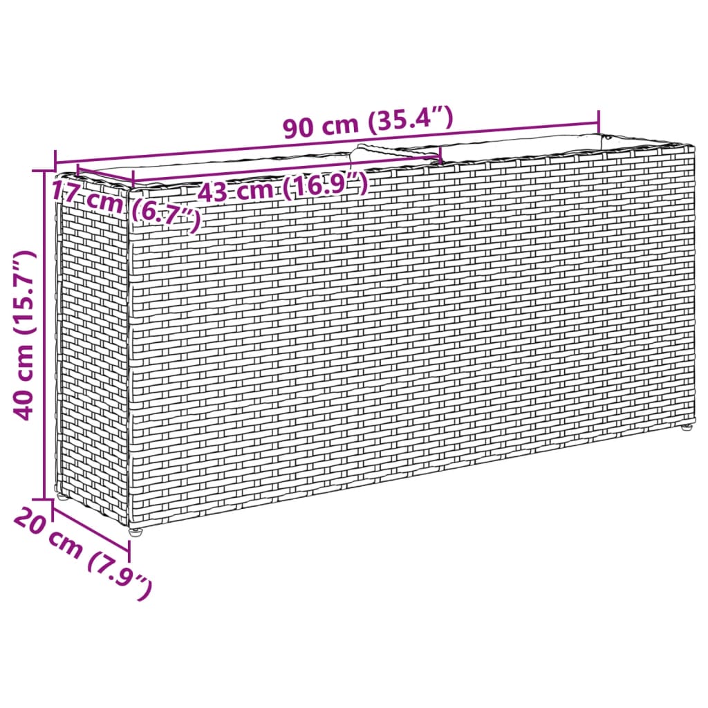 plantekasse med 2 krukker 90x20x40 cm polyrattan brun