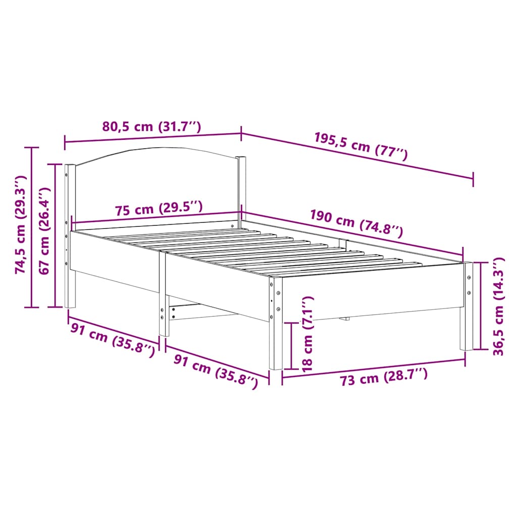 sengeramme uden madras 75x190 cm massivt fyrretræ