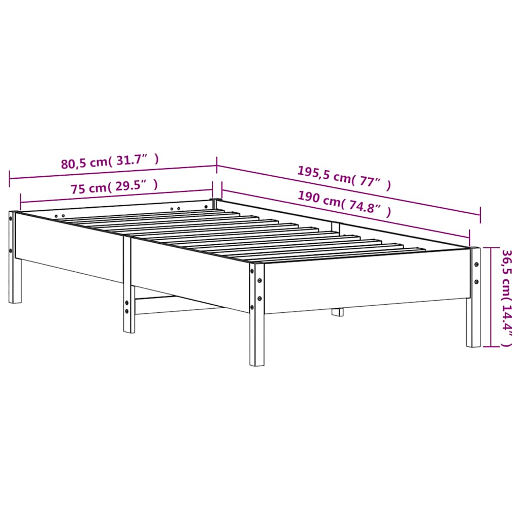 sengeramme uden madras 75x190 cm massivt fyrretræ gyldenbrun