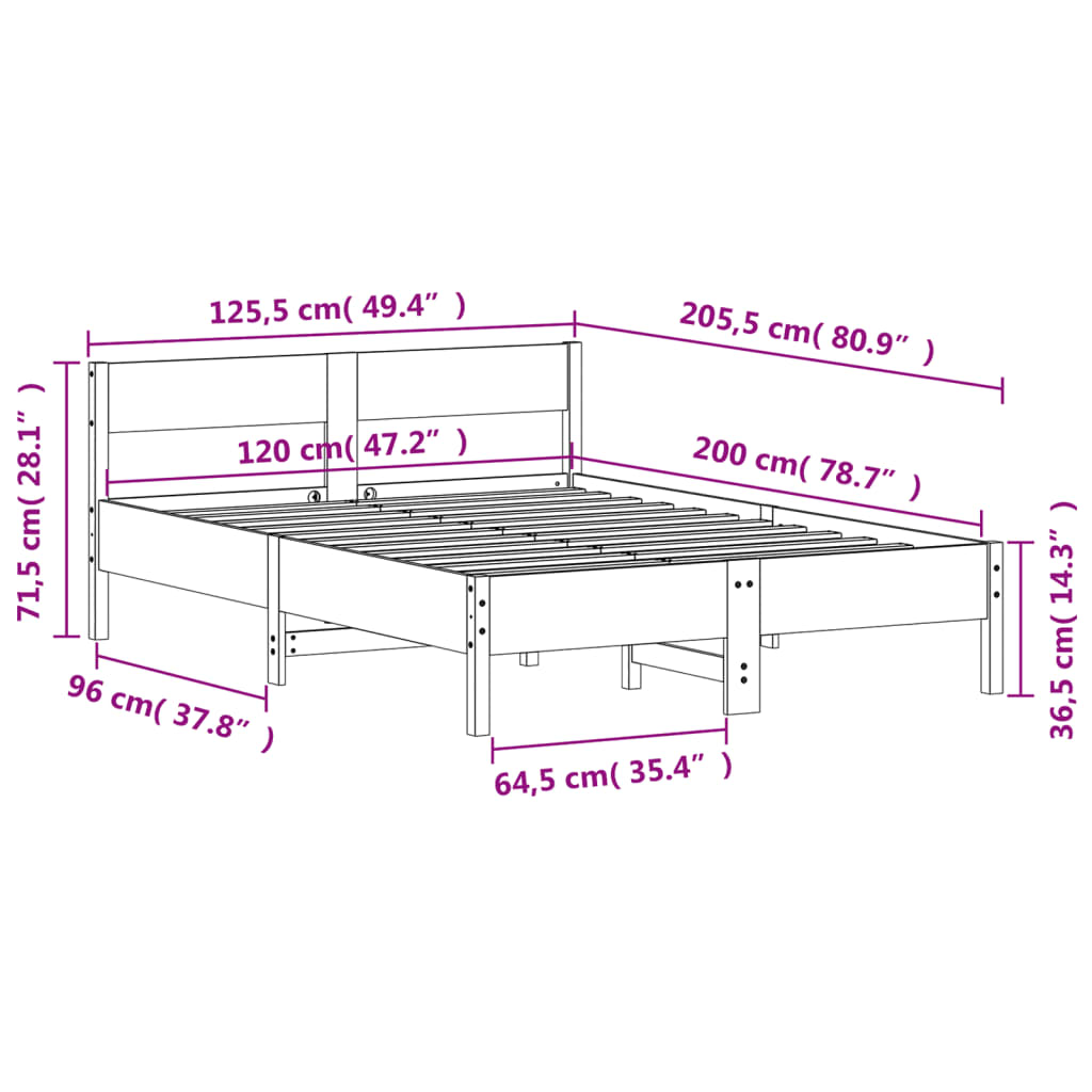 sengeramme uden madras 120x200 cm massivt fyrretræ